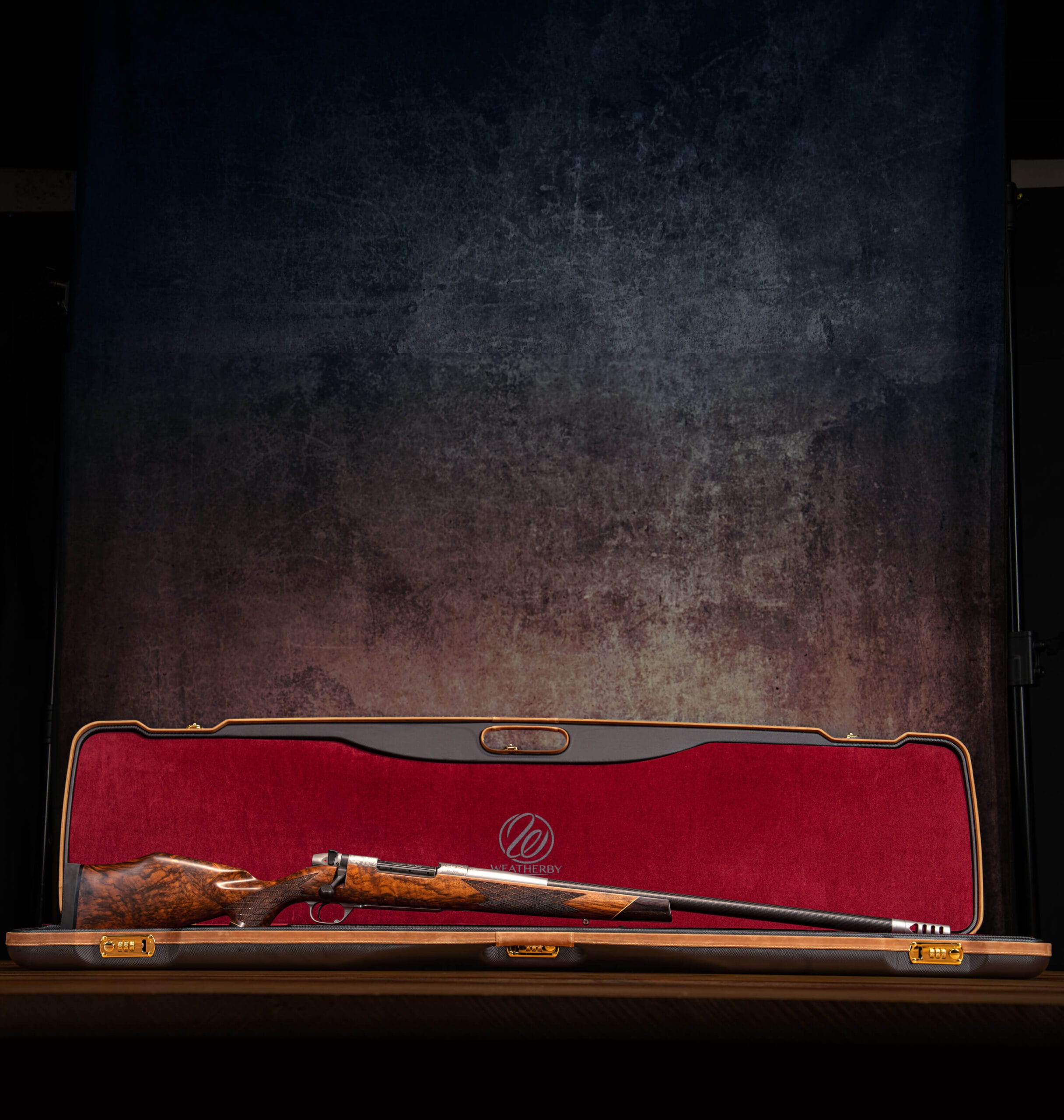 Mark V 80th Anniversary rifle displayed inside the bespoke Weatherby case