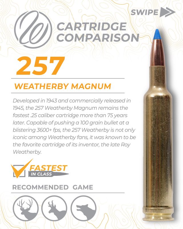 For more than 75 years, the 257 WBY MAG has held the crown for the fastest .25 caliber on the market. Famously known as one of the favorites of founder and inventor, Roy Weatherby, this ultrafast round can push a 100 grain bullet over 3600+ fps.Do you shoot this iconic cartridge?#Weatherby #SpeedIsKing #Ammunition #Ultrafast