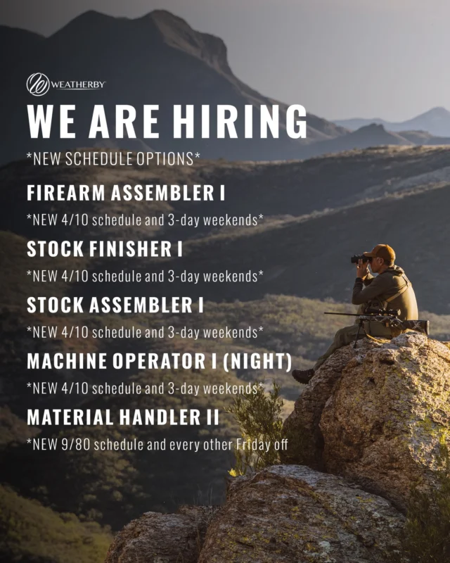NEW WORKING SCHEDULE!We are looking for a variety of talented individuals to join the team!Apply at the link in our bio.Tag someone below who would love to work for Weatherby!
#Weatherby