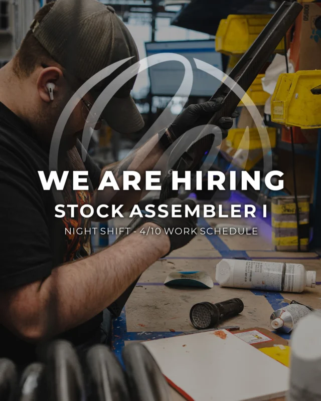 Own the Night at Weatherby.Join our Night Shift Team as a Stock Assembler, where precision, craftsmanship, and manufacturing excellence come together to build the finest carbon fiber rifle stocks on the market.Enjoy the benefits of a 4/10 schedule with 3-day weekends, shift differential pay, competitive benefits, 401(k), and industry pro discounts.If you value steady work, a dependable schedule, and being part of a team that takes pride in quality manufacturing, this is your opportunity to build long-term skills while creating products made to last.Apply today at the link in our bio.#Weatherby